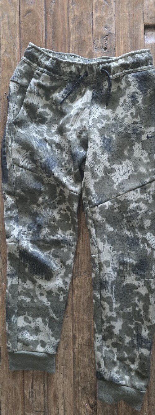 Nike Fleece Tech Olive Green Camouflage Joggers with Red Logo Patch